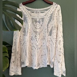 Ivory Lace Mesh Long Sleeved Coverup Top One Size
